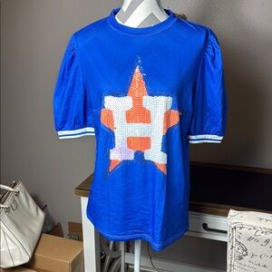 Houston Astros blue puff sleeve shirt w screen printed sequins NWOT